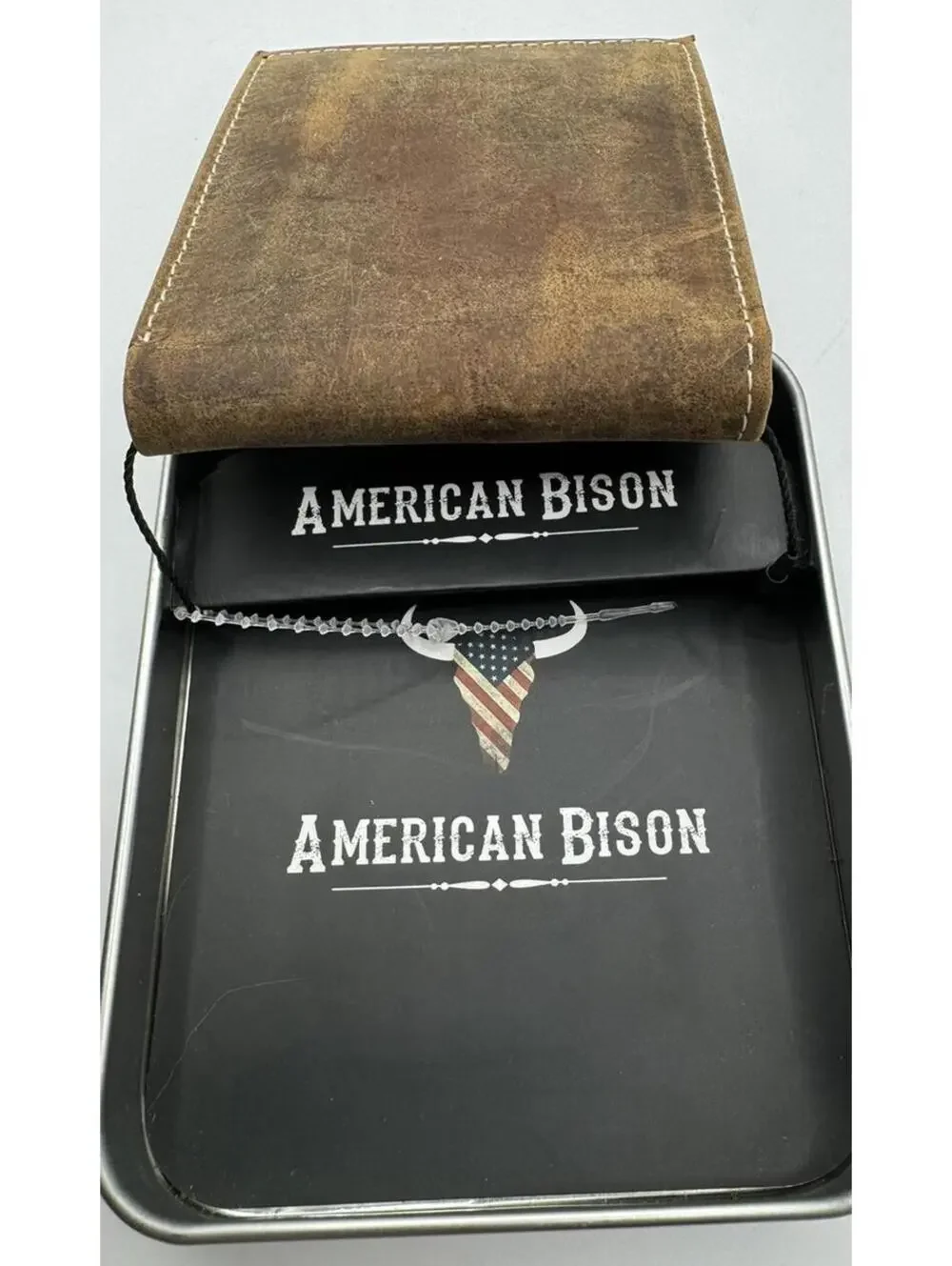 American Bison Brown Leather Bi-Fold Wallet with American Flag Logo